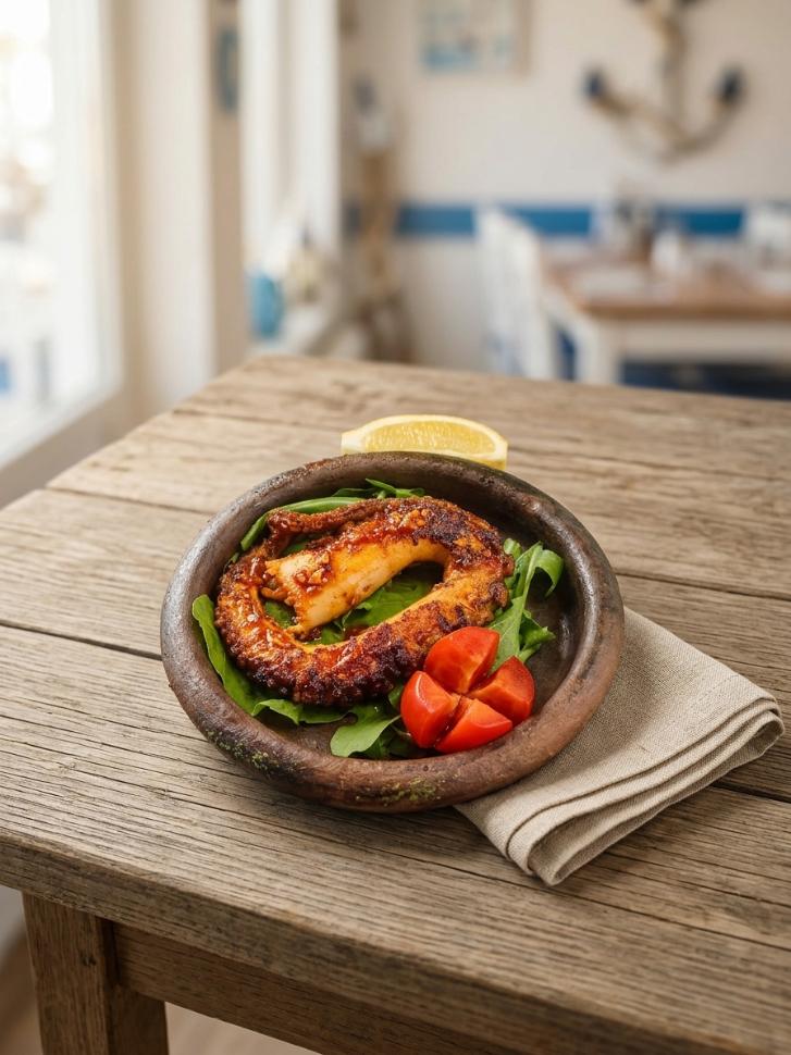 Etna Fish House Kaş'ta taş kapta, roka yatağında servis edilen ızgara ahtapot