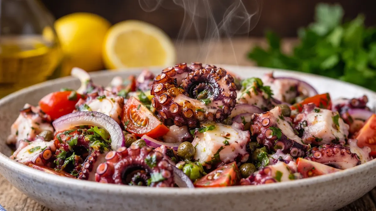 Kaş Etna Fish House'ta kapari, kiraz domates ve kırmızı soğanlı soğuk ahtapot salatası